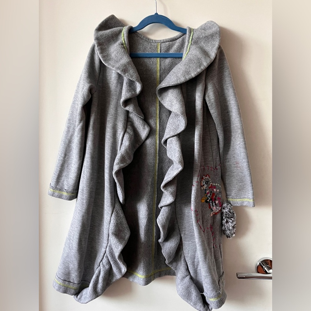 Handmade Embroidered Squirrel Appliquéd Gray Fleece Coat with Ruffle Collar OOAK